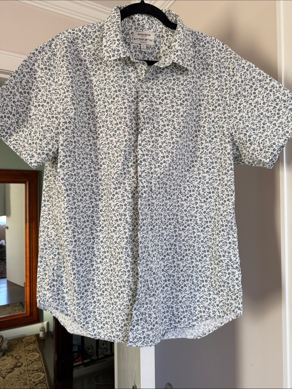 Bonobos  White Short-Sleeve Button-Down with Green Floral Print XL